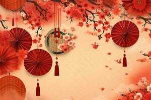 Chinese new year background with traditional lanterns, sakura flowers and copy space. Lunar new year concept by AI Generated photo