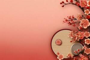 Chinese new year background with traditional lanterns, sakura flowers and copy space. Lunar new year concept by AI Generated photo