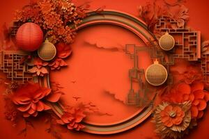 Chinese new year background with traditional lanterns, sakura flowers and copy space. Lunar new year concept by AI Generated photo