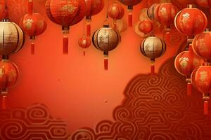 Chinese new year background with traditional lanterns, sakura flowers and copy space. Lunar new year concept by AI Generated photo