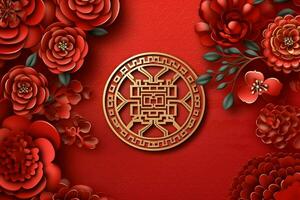 Chinese new year background with traditional lanterns, sakura flowers and copy space. Lunar new year concept by AI Generated photo