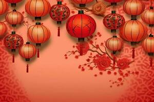 Chinese new year background with traditional lanterns, sakura flowers and copy space. Lunar new year concept by AI Generated photo