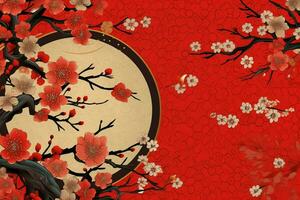 Chinese new year background with traditional lanterns, sakura flowers and copy space. Lunar new year concept by AI Generated photo