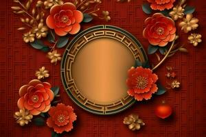 Chinese new year background with traditional lanterns, sakura flowers and copy space. Lunar new year concept by AI Generated photo