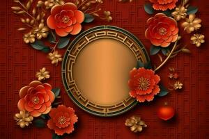 Chinese new year background with traditional lanterns, sakura flowers and copy space. Lunar new year concept by AI Generated photo