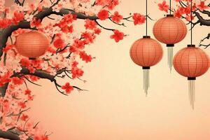 Chinese new year background with traditional lanterns, sakura flowers and copy space. Lunar new year concept by AI Generated photo