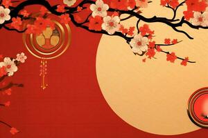 Chinese new year background with traditional lanterns, sakura flowers and copy space. Lunar new year concept by AI Generated photo