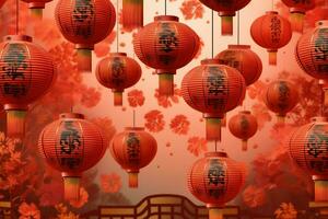 Chinese new year background with traditional lanterns, sakura flowers and copy space. Lunar new year concept by AI Generated photo