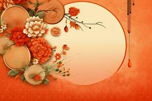 Chinese new year background with traditional lanterns, sakura flowers and copy space. Lunar new year concept by AI Generated photo