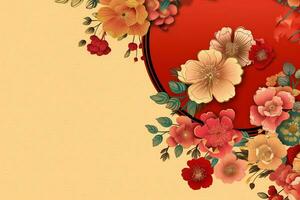 Chinese new year background with traditional lanterns, sakura flowers and copy space. Lunar new year concept by AI Generated photo