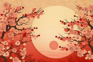 Chinese new year background with traditional lanterns, sakura flowers and copy space. Lunar new year concept by AI Generated photo