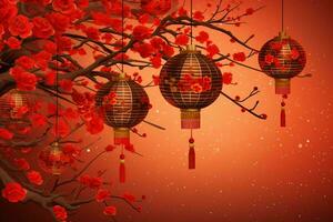 Chinese new year background with traditional lanterns, sakura flowers and copy space. Lunar new year concept by AI Generated photo