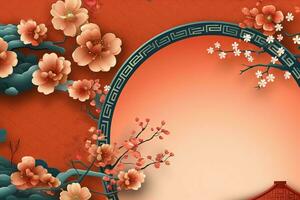 Chinese new year background with traditional lanterns, sakura flowers and copy space. Lunar new year concept by AI Generated photo