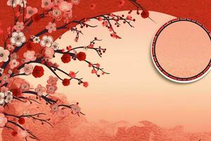 Chinese new year background with traditional lanterns, sakura flowers and copy space. Lunar new year concept by AI Generated photo