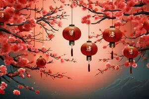 Chinese new year background with traditional lanterns, sakura flowers and copy space. Lunar new year concept by AI Generated photo