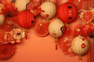 Chinese new year background with traditional lanterns, sakura flowers and copy space. Lunar new year concept by AI Generated photo