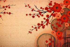 Chinese new year background with traditional lanterns, sakura flowers and copy space. Lunar new year concept by AI Generated photo