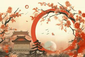 Chinese new year background with traditional lanterns, sakura flowers and copy space. Lunar new year concept by AI Generated photo