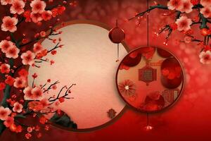 Chinese new year background with traditional lanterns, sakura flowers and copy space. Lunar new year concept by AI Generated photo