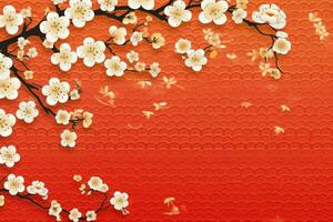 Chinese new year background with traditional lanterns, sakura flowers and copy space. Lunar new year concept by AI Generated photo