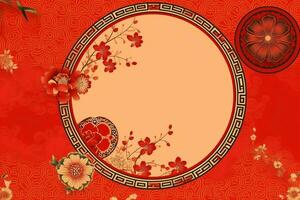 Chinese new year background with traditional lanterns, sakura flowers and copy space. Lunar new year concept by AI Generated photo