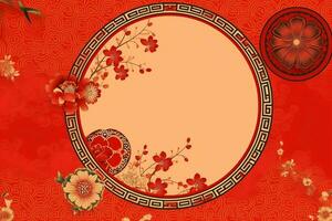 Chinese new year background with traditional lanterns, sakura flowers and copy space. Lunar new year concept by AI Generated photo