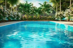 hermosa al aire libre nadando piscina en lujo hotel recurso con azul cielo para ocio relajarse y fiesta concepto por ai generado foto