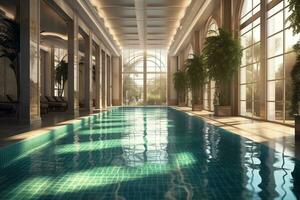 hermosa al aire libre nadando piscina en lujo hotel recurso con azul cielo para ocio relajarse y fiesta concepto por ai generado foto