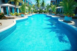 hermosa al aire libre nadando piscina en lujo hotel recurso con azul cielo para ocio relajarse y fiesta concepto por ai generado foto