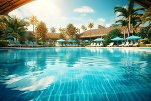 Beautiful outdoor swimming pool in luxury hotel resort with blue sky for leisure relax and holiday concept  by AI Generated photo