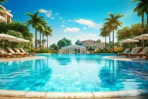 Beautiful outdoor swimming pool in luxury hotel resort with blue sky for leisure relax and holiday concept  by AI Generated photo