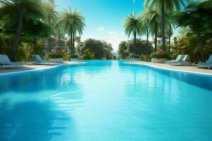 hermosa al aire libre nadando piscina en lujo hotel recurso con azul cielo para ocio relajarse y fiesta concepto por ai generado foto