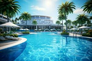 hermosa al aire libre nadando piscina en lujo hotel recurso con azul cielo para ocio relajarse y fiesta concepto por ai generado foto