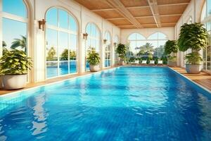 hermosa al aire libre nadando piscina en lujo hotel recurso con azul cielo para ocio relajarse y fiesta concepto por ai generado foto