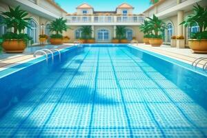 hermosa al aire libre nadando piscina en lujo hotel recurso con azul cielo para ocio relajarse y fiesta concepto por ai generado foto