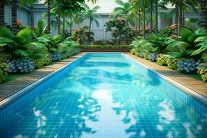 hermosa al aire libre nadando piscina en lujo hotel recurso con azul cielo para ocio relajarse y fiesta concepto por ai generado foto