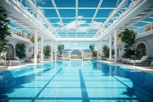 Beautiful outdoor swimming pool in luxury hotel resort with blue sky for leisure relax and holiday concept  by AI Generated photo