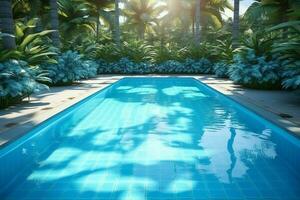 hermosa al aire libre nadando piscina en lujo hotel recurso con azul cielo para ocio relajarse y fiesta concepto por ai generado foto