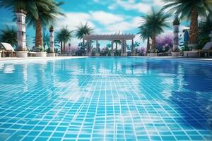 hermosa al aire libre nadando piscina en lujo hotel recurso con azul cielo para ocio relajarse y fiesta concepto por ai generado foto