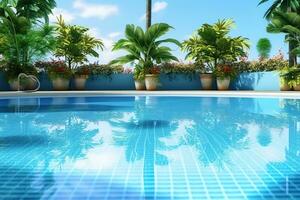 hermosa al aire libre nadando piscina en lujo hotel recurso con azul cielo para ocio relajarse y fiesta concepto por ai generado foto