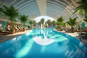 Beautiful outdoor swimming pool in luxury hotel resort with blue sky for leisure relax and holiday concept  by AI Generated photo