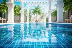 Beautiful outdoor swimming pool in luxury hotel resort with blue sky for leisure relax and holiday concept  by AI Generated photo