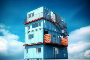 A container home building on a plot of land. 2 storey modern container house, cafe or restaurant concept by AI Generated photo