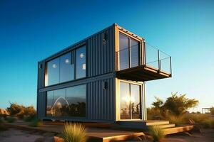A container home building on a plot of land. 2 storey modern container house, cafe or restaurant concept by AI Generated photo