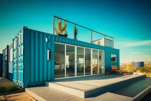 A container home building on a plot of land. 2 storey modern container house, cafe or restaurant concept by AI Generated photo