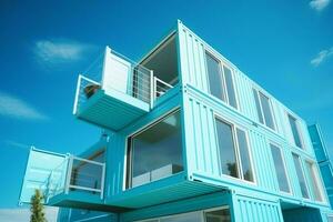 A container home building on a plot of land. 2 storey modern container house, cafe or restaurant concept by AI Generated photo