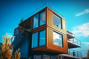 A container home building on a plot of land. 2 storey modern container house, cafe or restaurant concept by AI Generated photo