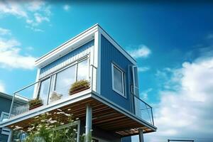 A container home building on a plot of land. 2 storey modern container house, cafe or restaurant concept by AI Generated photo