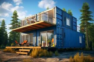 A container home building on a plot of land. 2 storey modern container house, cafe or restaurant concept by AI Generated photo