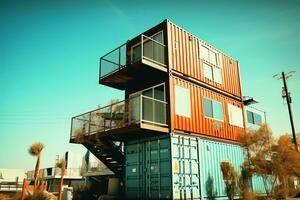 A container home building on a plot of land. 2 storey modern container house, cafe or restaurant concept by AI Generated photo